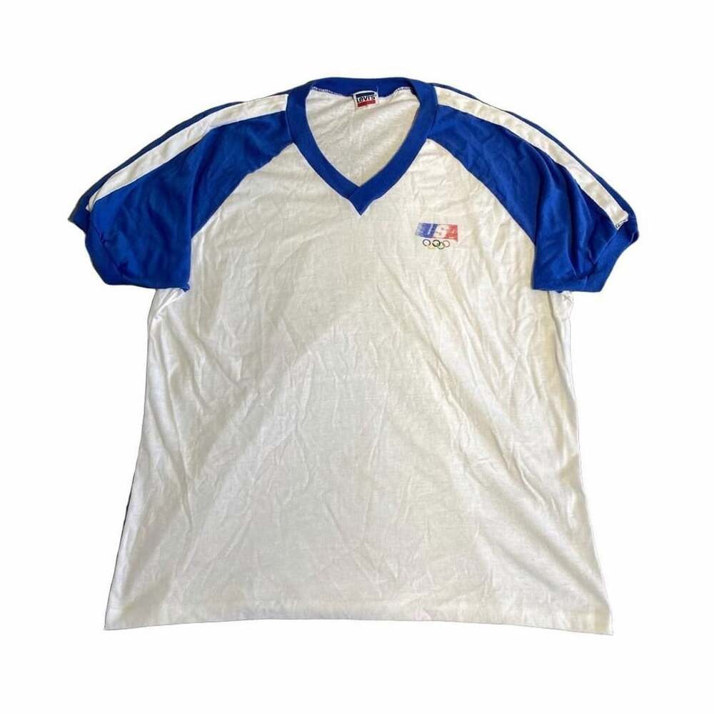 80s Levi's USA Olympics V-Neck Ringer T-Shirt Size XL Blue White